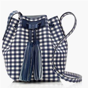 J. Crew Leather Gingham Bucket Bag Blue/ White